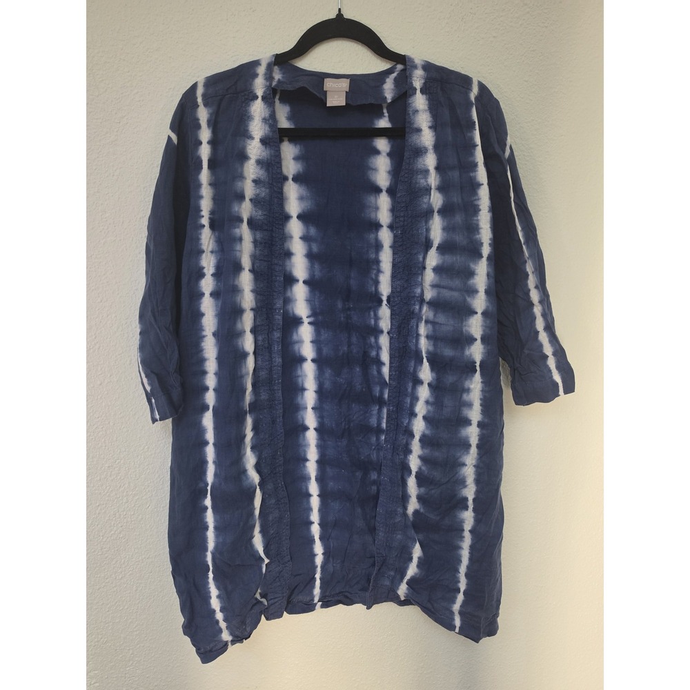Chico's Open Cardigan Size 1P Boho Tie Dye Blue White Linen 3/4 Sleeve Sweater